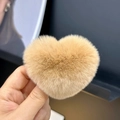 Plush beige heart-shaped hair clip made of soft rex rabbit fur for a cute Korean style - Khaki