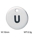 Polished silver stainless steel round charm with black letter U, 10mm width, 0.3g weight - Letter U