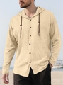 Detail of men's beige cotton linen hooded shirt with buttons and adjustable drawstrings - Khaki