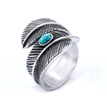 Vintage stainless steel open feather ring featuring a turquoise stone inlay on white background - US 13 / Steel Blue Turquoise