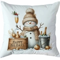 Housse de coussin blanche avec imprimé bonhomme de neige doré et Happy Holidays - Style 6