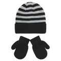 Flat lay of striped knit beanie and solid black mittens set for kids winter warmth - S / Mittens Style / Black Grey Stripe