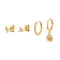 Golden brass cloud and lightning earring set with cubic zirconia and S925 silver studs - Gold Lightning Sun Earring Set (#32)