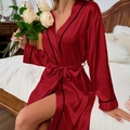 Elegant red satin kimono robe with black trim and belted waist for women - S / Red