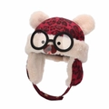 Winter children's leopard print pilot hat with plush ears and decorative glasses motif - Dark Red Glasses Bear Style (Dark Red D)