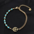 Golden stainless steel bracelet with turquoise beads and tree of life charm - Tree of Life Blue Beads Chain B02015G-5