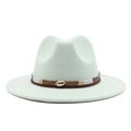 Detail of mint green wool felt fedora featuring brown leather band and gold shell ornament - Mint Green