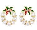 Christmas wreath earrings with white pearls red bows and green leaves for festive style - Pearl Wreath Studs