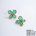 Elegant French style green flower stud earrings with golden base and teardrop crystals - 08 Gold + White Zircon - Cyan Green