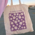 Retro Flower Market print canvas tote bag in off-white with purple floral graphics - STD874-B Purple Flower Market