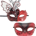 Luxurious red and black butterfly masquerade mask with glitter and sparkling rhinestones - Red Couple Butterfly Mask And Half Face Mask