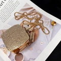 Elegant gold acrylic evening bag covered in sparkling rhinestones with a gold chain strap - Gold Square Small Rhinestone