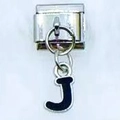 Italian charm bracelet link with a silver base and black enamel letter J pendant - Letter J