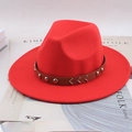 Red wool felt wide brim fedora hat featuring a brown leather studded buckle band - Flat Brim Rivet Wave Decor / Red