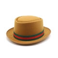 Classic brown wool felt boater hat with striped ribbon detail on a white background - M (56-58cm) / Khaki