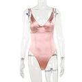 Elegant dusty pink satin bodysuit with V-neck and wired cups on a mannequin - XS / Pink