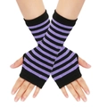 Purple and black striped knitted fingerless gloves with thumb hole for arm protection - One Size / Thin Black Purple Striped
