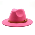 Detail of fuchsia wool fedora hat featuring a brown snakeskin leather belt with metal buckle - M (56-58cm) / Rose Red