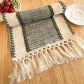 Beige and green stitched cotton linen table runner with knotted tassel accents - Wide Stripe Green - Knotted Tassels / 30*50cm