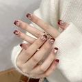 Handmade press-on nails featuring red gradient design with gold rhinestones and pearls - Glue Type / New Year Red Style (BY1325)