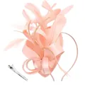 Detailed view of peach pink fascinator showing satin ribbons and feather craftsmanship - Champagne