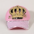Detailed close-up of pink denim cap with crown embroidery and pearl-encrusted brim - Style 19-Pink Gold Crown Pearl