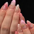 Pink gradient almond press-on nails with 3D shell texture and white floral details - K083【24pcs】 / Boxed (jelly Gel + Granules)