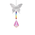 Macro shot of silver butterfly metal suncatcher with rainbow beads and pink drop pendant - Butterfly + Maple Leaf