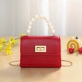 Mini red crocodile pattern jelly bag with elegant pearl handle and gold twist lock - Red