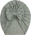 Detailed texture of baby beanie with hollow knit patterns and large bow in sage green - Light Green