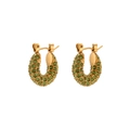 Golden U-shaped hoop earrings with dense olive green zircon pavé stones - 15mm / Apple Green
