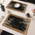 Elegant waterproof leather placemat set featuring bamboo patterns and Beautiful Home text - Square Rounded / 4 Pieces / French Vintage Style-F