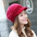 Women's red rabbit fur knit hat with pearl accents and winter cable texture - One Size / Wine Red (Square Pearl Style)
