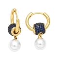 Elegant gold pearl hoop earrings featuring a blue crystal charm and round white pearls - Blue
