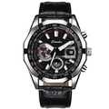 Reloj cronógrafo deportivo para hombre con caja de acero plateada y correa de cuero - Cuero Negro Esfera Negra