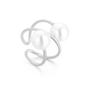 Double-layered silver stainless steel open ring with two elegant white pearls - US 9 / Pearl Steel Color