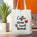 White canvas tote bag with Coffee sleep teach Repeat print and apple illustration - STD67-L (Coffee Sleep Teach)