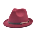Classic burgundy wool fedora hat featuring a black leather band and gold chain decoration - M (56-58cm) / Burgundy