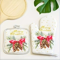 Christmas themed oven mitt and pot holder set with golden dots and pine needle prints - Bowknot (Christmas)