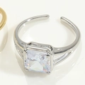 Macro detail of silver adjustable ring featuring a large square transparent gemstone - Adjustable Open / Silver Square