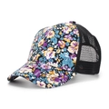Detail of floral print on baseball cap featuring breathable black mesh and curved brim - Black with Purple and Yellow Floral (Style B)