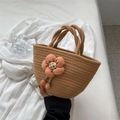 Brown woven rope handbag featuring a pink fabric flower and soft dual handles - Pink Orange Flower / Khaki