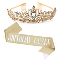 Birthday Queen set featuring a gold rhinestone crown tiara and glittery gold sash - One Size / Gold Birthday Queen Set