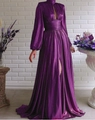 Elegant purple high neck maxi dress with metallic shimmer pleats and high slit detail - S / Purple