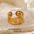 Golden stainless steel open ring featuring detailed seashell motifs for a beach vacation - Double Layer Fan Shell Style (1091)