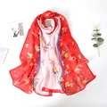 Roter und weißer Chiffon-Schal mit Blumenmuster, gelben Blüten und blauen Streifen-Akzenten - 150*50cm / Rot