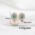Vintage gold oval earrings with turquoise stone, zircon pavé, and 3mm pearl cup base - 14K Gold CGZKH214 Turquoise Stud Earrings