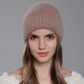 Winter women's rabbit fur knit beanie hat in mocha pink with ear protection - Brown
