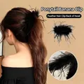 Elegant black ostrich feather banana clip for high ponytail styling with strong grip - Ponytail Banana Clip Strong Grip / 365 Black Feather Banana Clip Small 10CM
