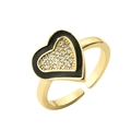 Anillo corazón ajustable dorado con esmalte negro y circonitas microengastadas - Abierto Ajustable / Negro